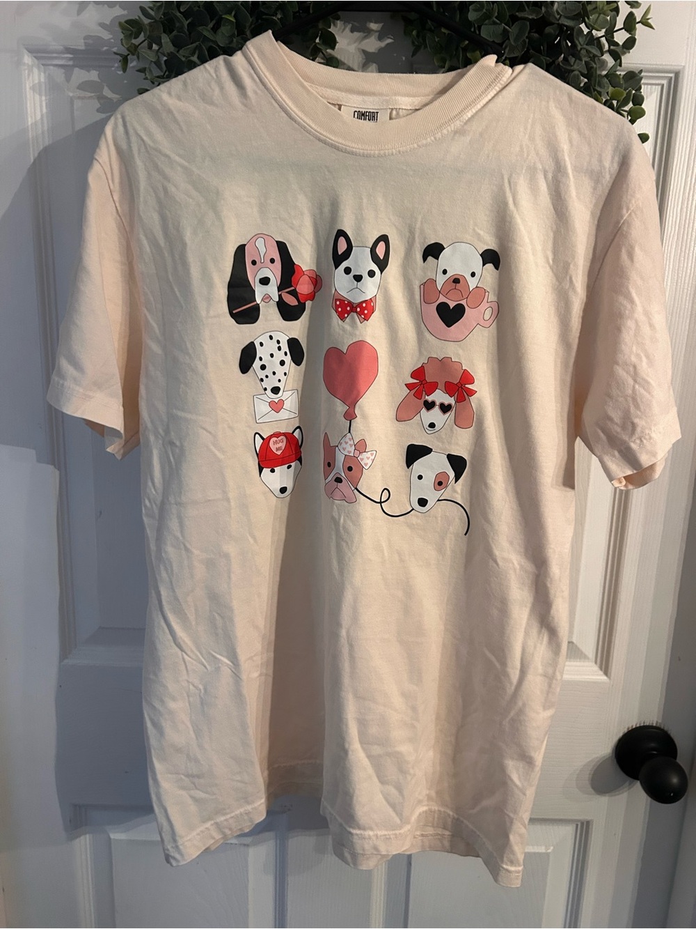 Comfort Colors Cream Tee with Pink and Black Dog Graphics